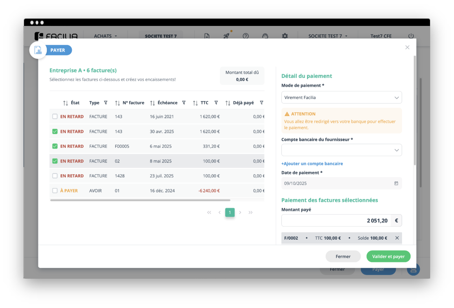 Sélectionnez la ou les factures à régler