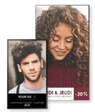 Portrait homme brun et femme brune frisée coiffeur